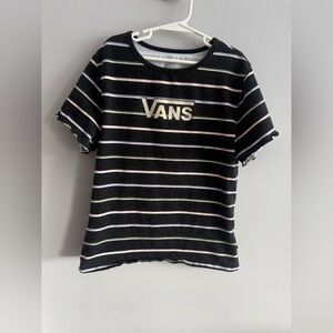 Vans Striped Logo Tee Shirt Women’s Medium Black Pastel Skate Lettuce Hem